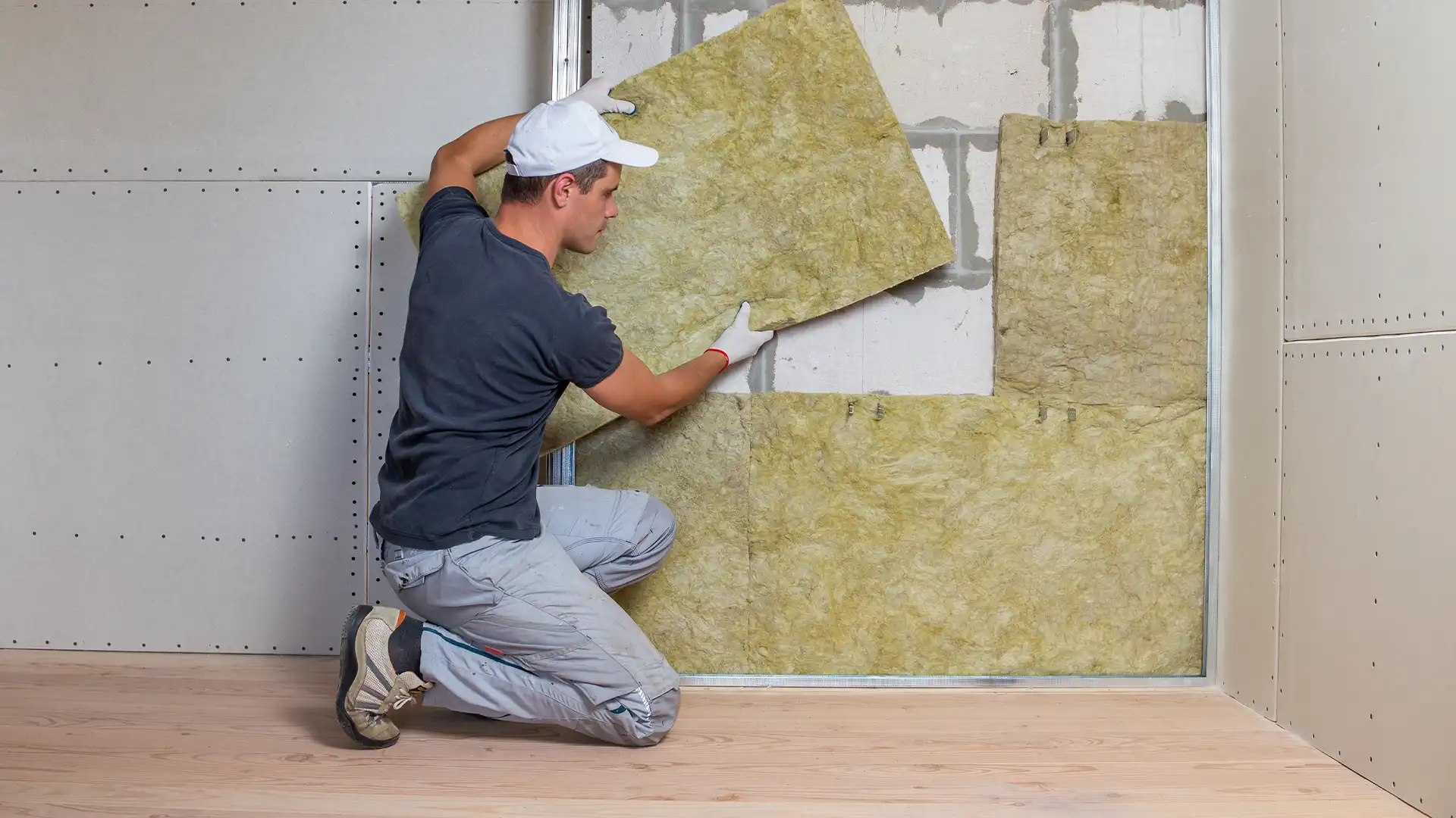 Ein Arbeiter isoliert eine Zimmerwand mit Wärmedämmung aus Steinwolle.